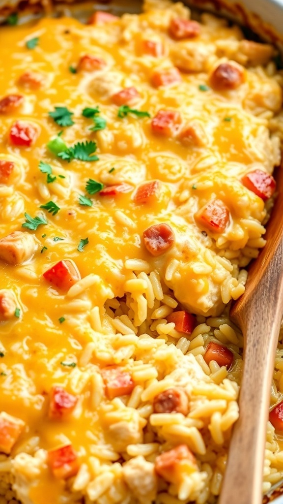 A cheesy chicken and rice casserole with melted cheese and chicken pieces, garnished with parsley, served in a rustic dish.